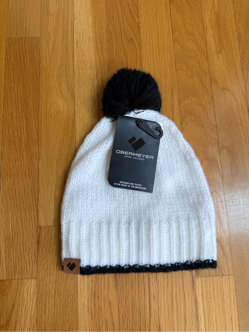 Obermeyer Kids White Beanie with Black Pom & Trim
